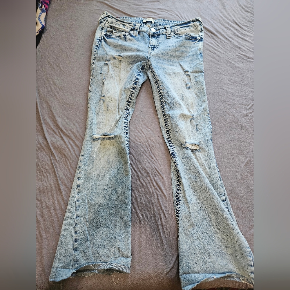 True Religion Blue Flare Wide Leg Jeans Distressed